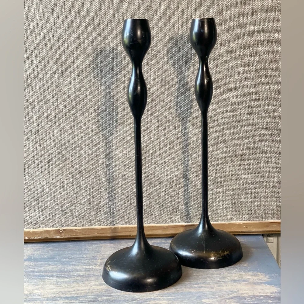 Crate & Barrel black metal primitive taper candlestick holders